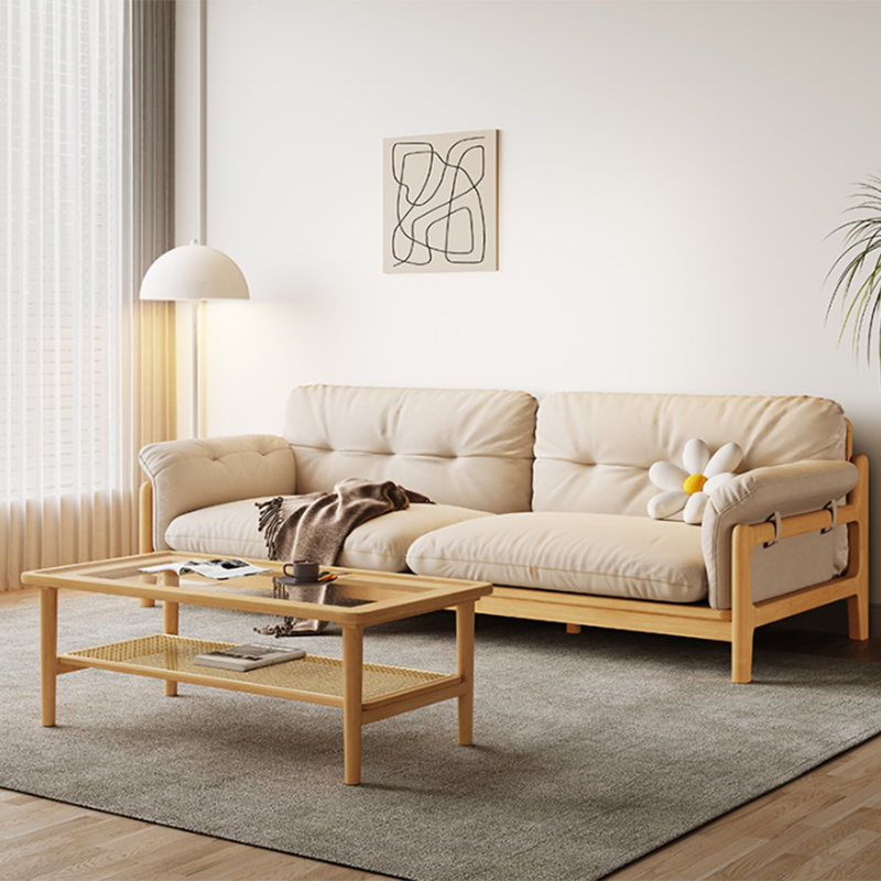 Solid Wood Tufted Settee Flared Arm Beige Cushions Sofa -39.4" H