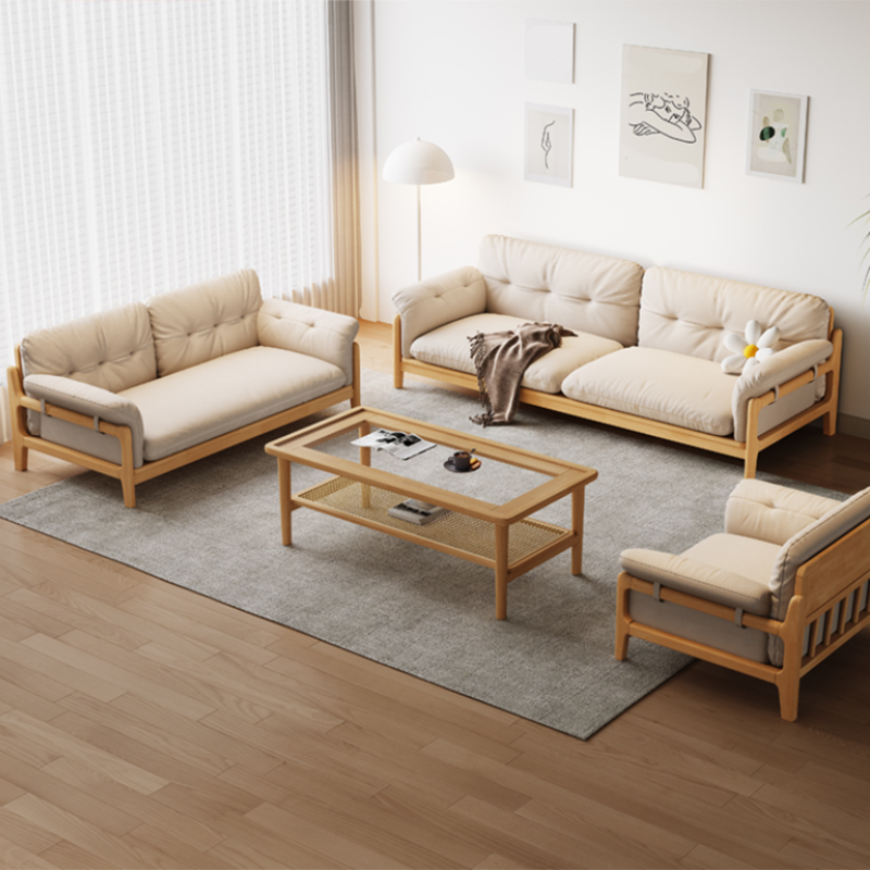 Solid Wood Tufted Settee Flared Arm Beige Cushions Sofa -39.4" H