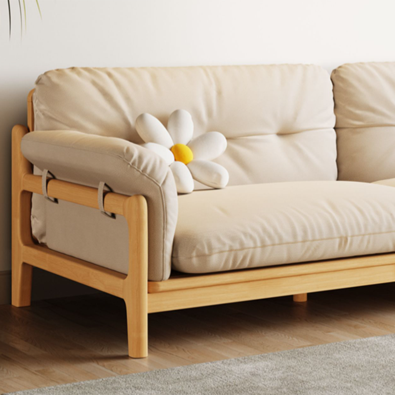 Solid Wood Tufted Settee Flared Arm Beige Cushions Sofa -39.4" H