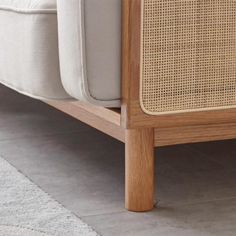 89" Wide Square Arm Sofa 3-Seater Solid Wood Sofa with Rattan Accent