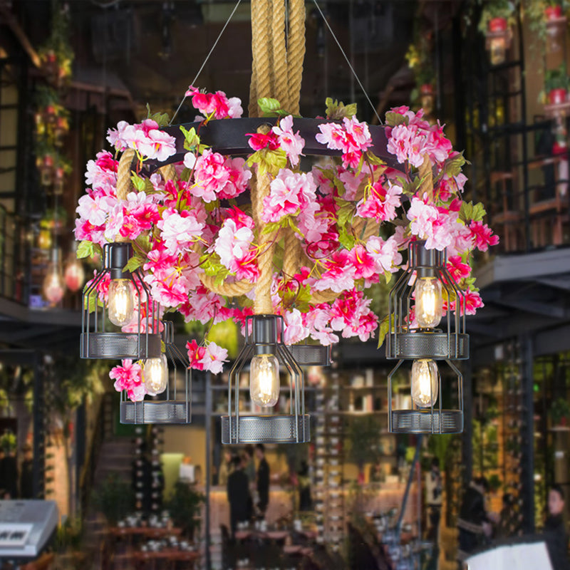 Black 6/12 Heads Chandelier Lighting Vintage Rope Wire Cage Drop Pendant with Floral Decoration
