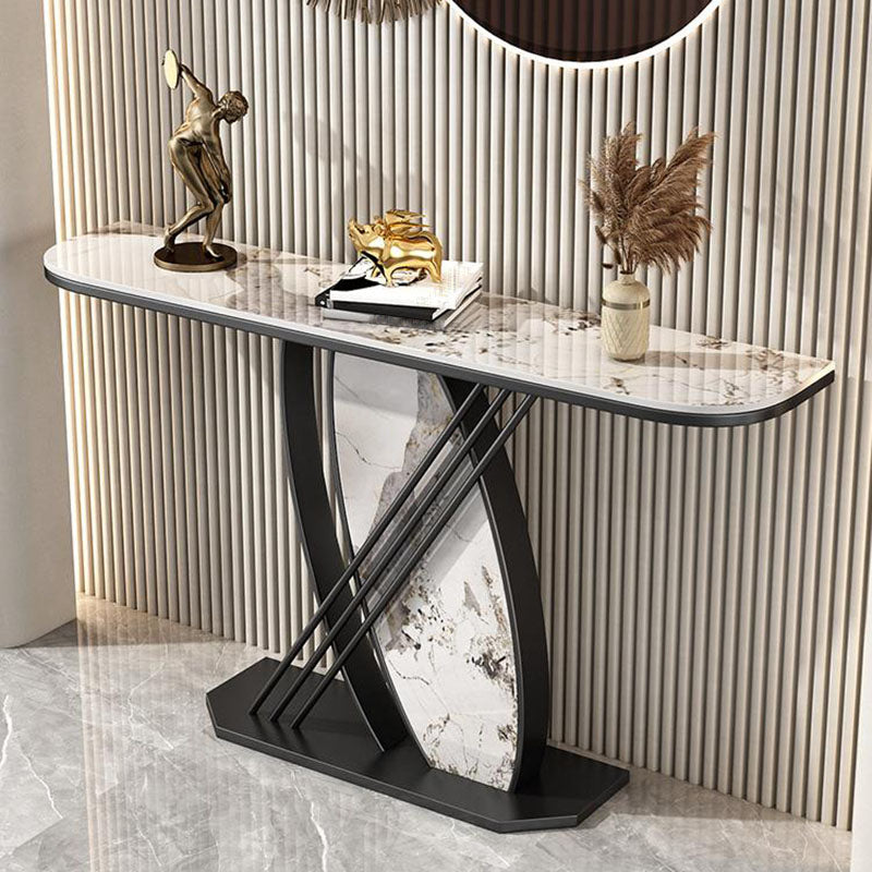 12 Inch Wide Glam Accent Table Stone Half Moon Console Table for Hall