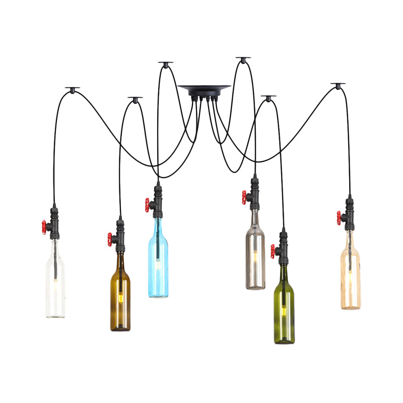 6/8/10 luces Swag LED Multi colgante Restaurante vintage Lámpara de techo colgante con botella de color de vidrio en negro