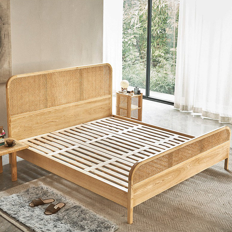 Natural Solid Wood Standard Bed Tropical Panel Bed with Headboard and Footboard