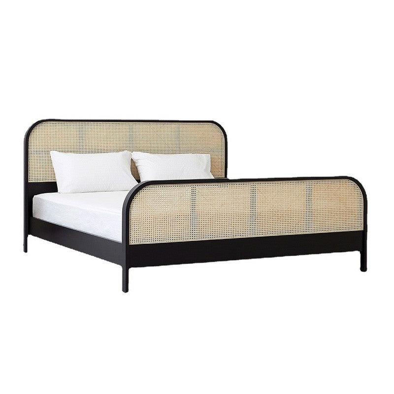 Natural Solid Wood Standard Bed Tropical Panel Bed with Headboard and Footboard