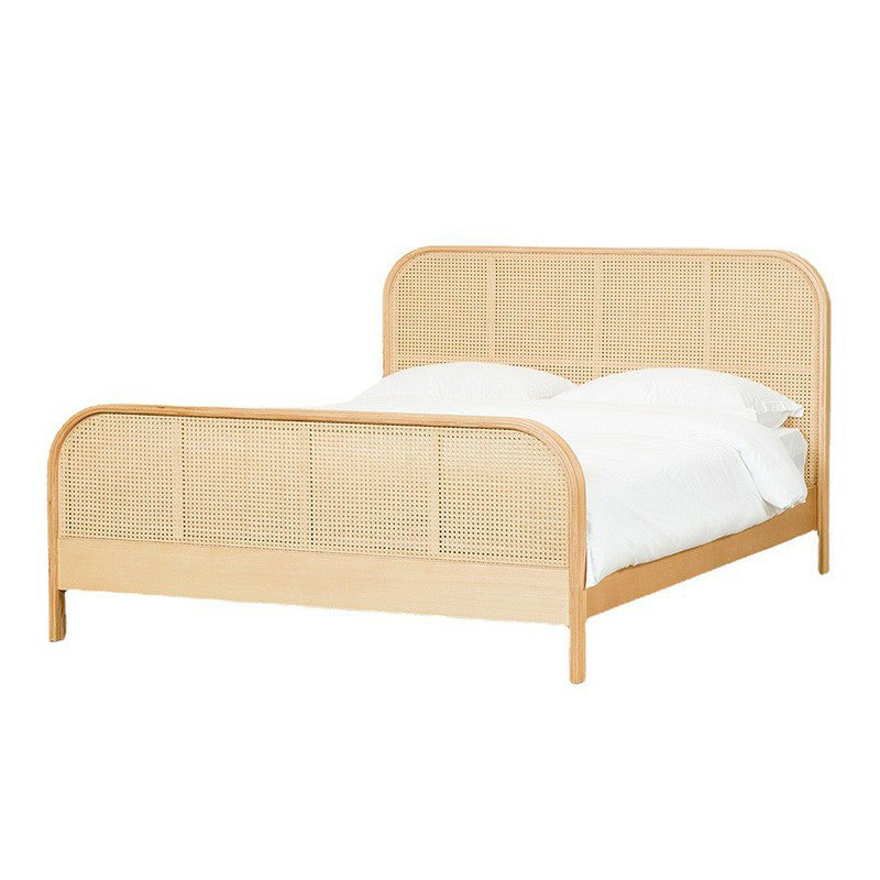 Natural Solid Wood Standard Bed Tropical Panel Bed with Headboard and Footboard