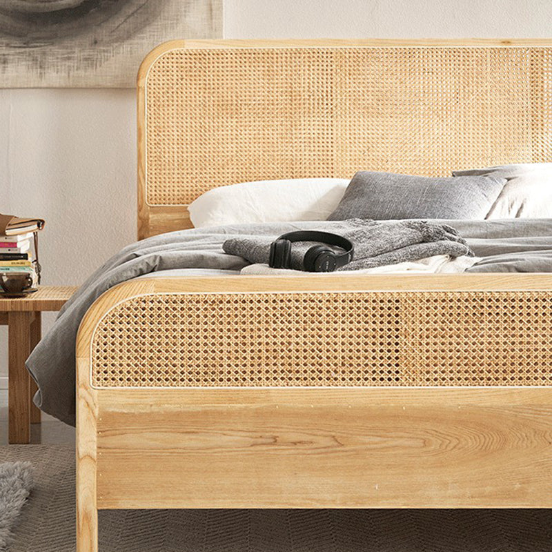 Natural Solid Wood Standard Bed Tropical Panel Bed with Headboard and Footboard
