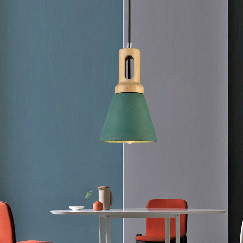 1-Light Cement Hanging Lighting Vintage Black/Grey/Red and Wood Bell Bar Ceiling Pendant Lamp