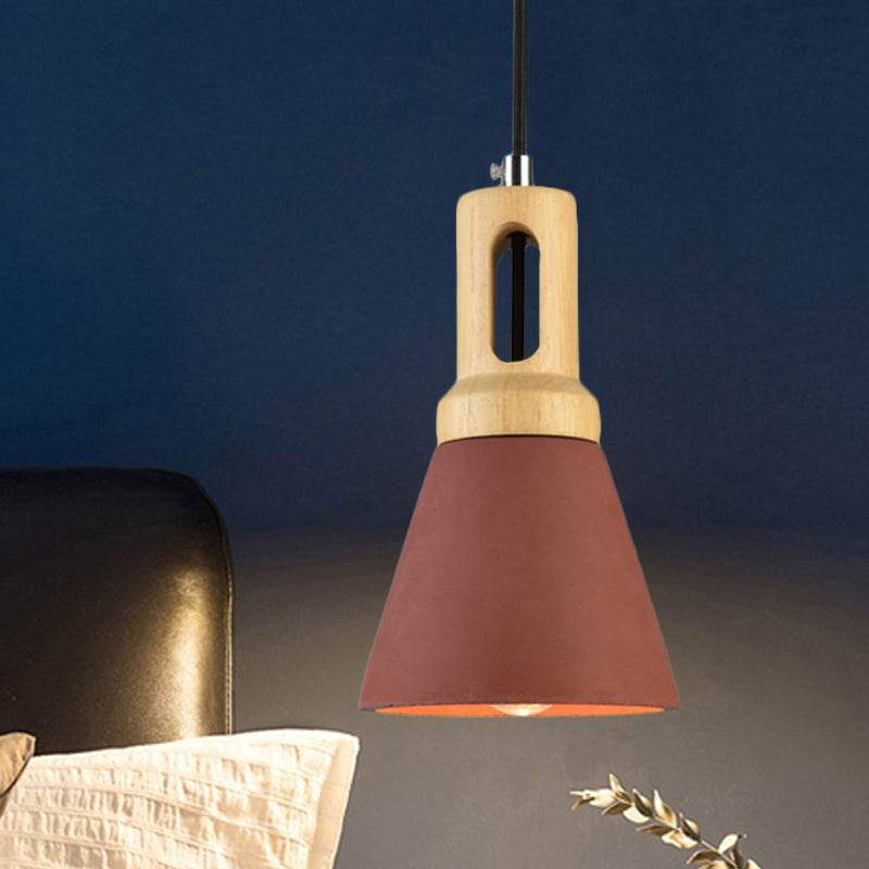 1-Light Cement Hanging Lighting Vintage Black/Grey/Red and Wood Bell Bar Ceiling Pendant Lamp