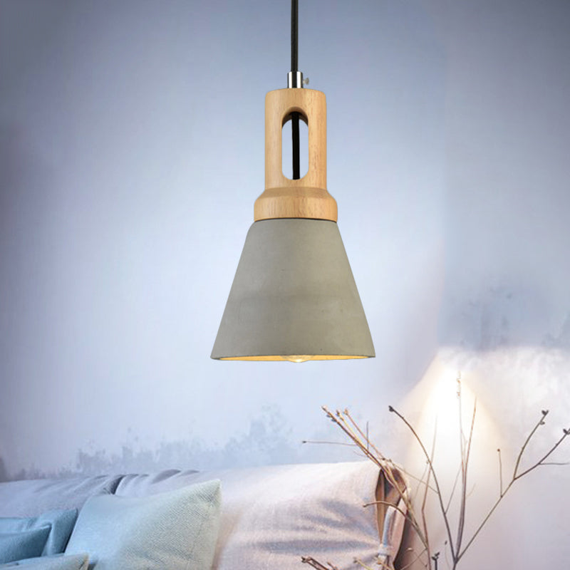 1-Light Cement Hanging Lighting Vintage Black/Grey/Red and Wood Bell Bar Ceiling Pendant Lamp