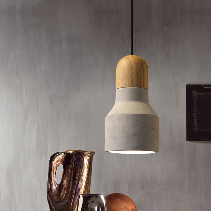 Cement Grey Hanging Light Kit Cone/Trapezoid/Can 1-Head 8.5"/10"/12" High Industrial Pendant Lamp Fixture with Wood Top