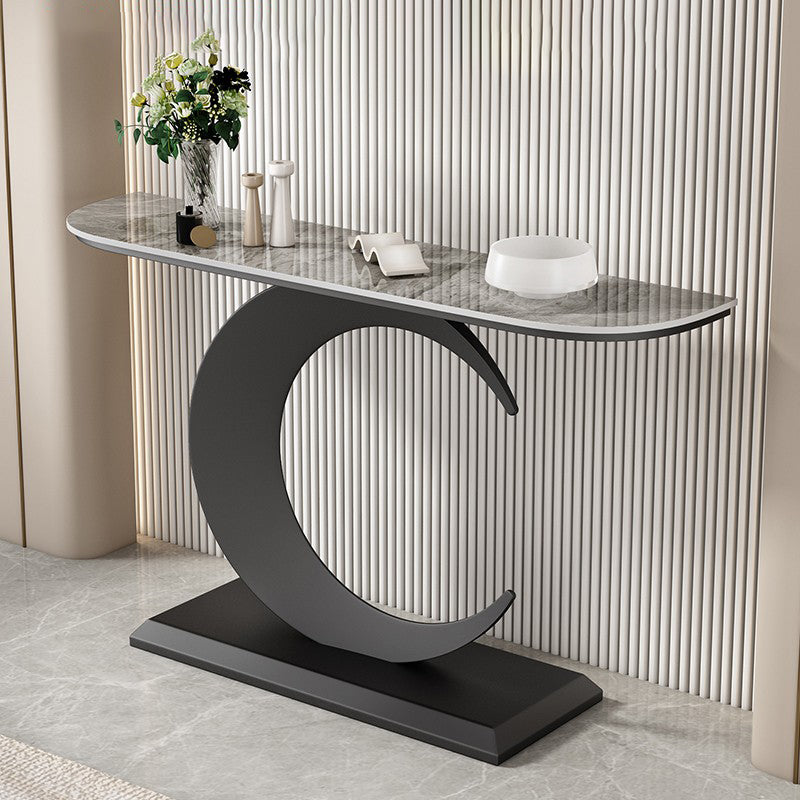 Stone Half Moon Console Table 1 Shelf 31.5" Tall End Table with Abstract Base