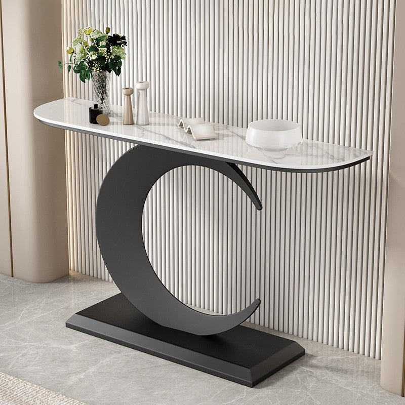 Stone Half Moon Console Table 1 Shelf 31.5" Tall End Table with Abstract Base