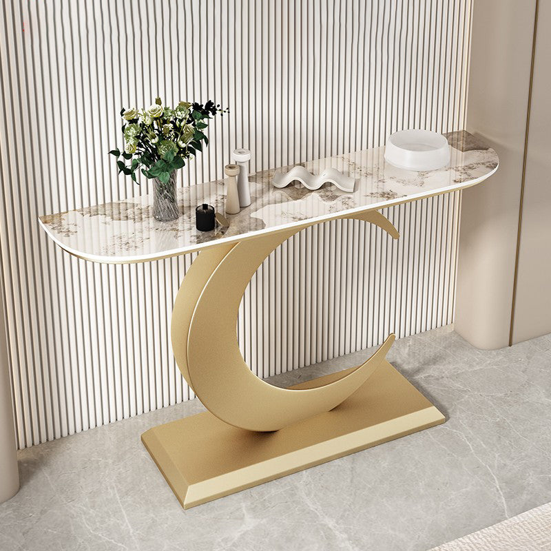 Stone Half Moon Console Table 1 Shelf 31.5" Tall End Table with Abstract Base