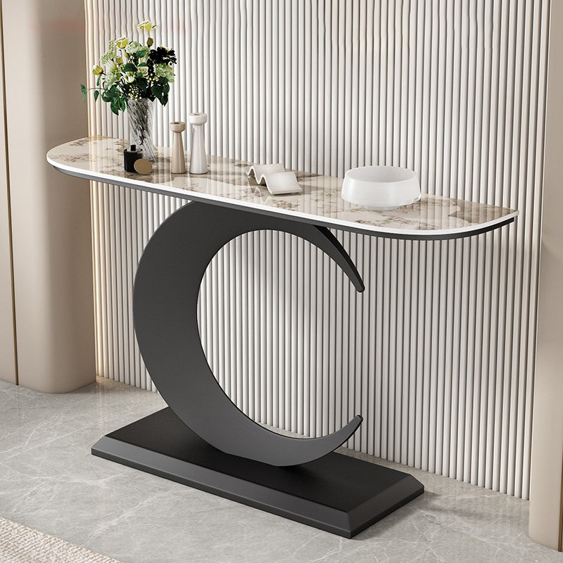 Stone Half Moon Console Table 1 Shelf 31.5" Tall End Table with Abstract Base