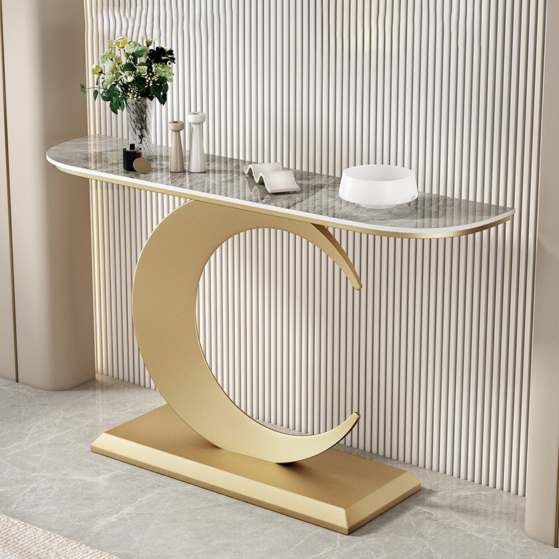 Stone Half Moon Console Table 1 Shelf 31.5" Tall End Table with Abstract Base