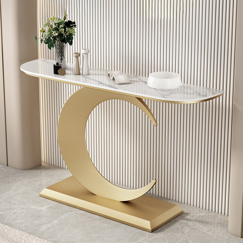 Stone Half Moon Console Table 1 Shelf 31.5" Tall End Table with Abstract Base