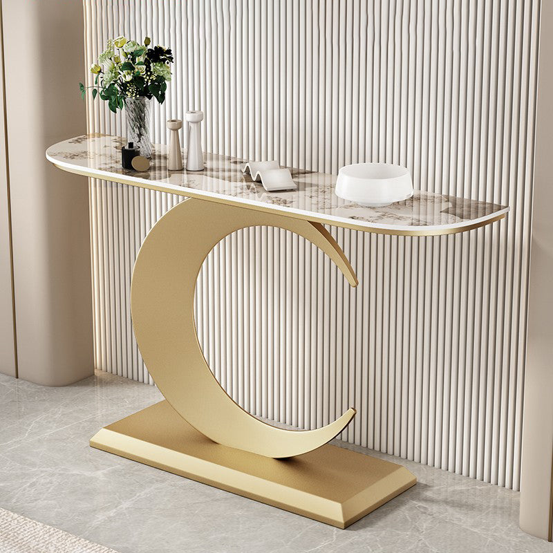 Stone Half Moon Console Table 1 Shelf 31.5" Tall End Table with Abstract Base