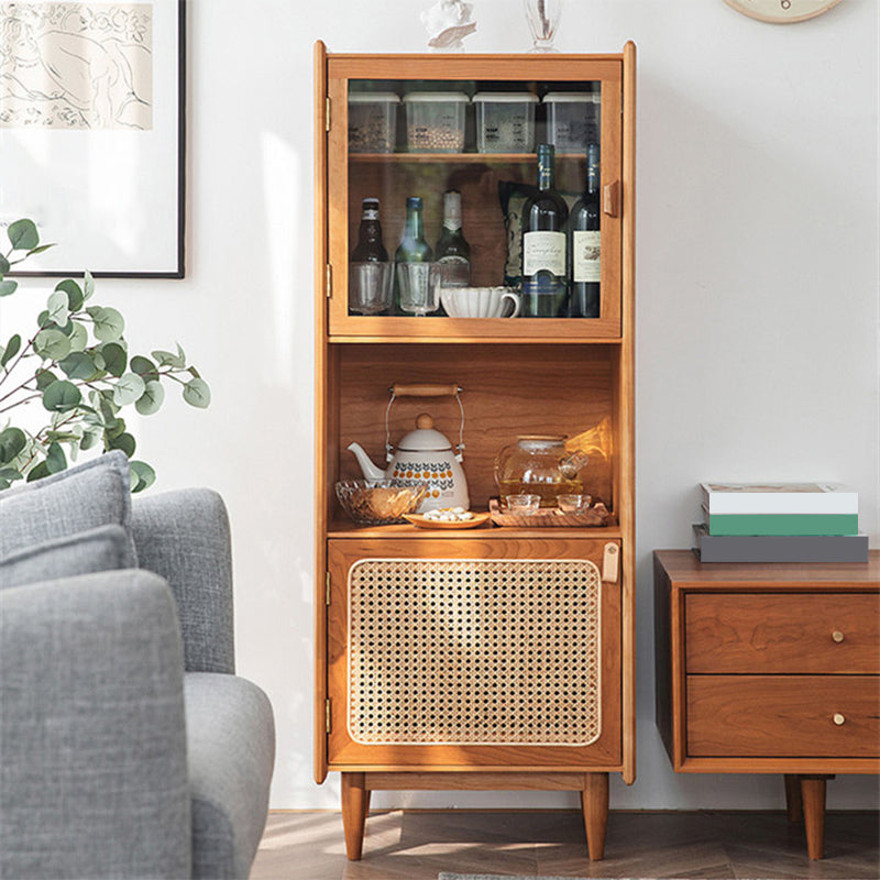 Glass Paned Cabinet Brown Pine and Cherry Accent Cabinet with Doors