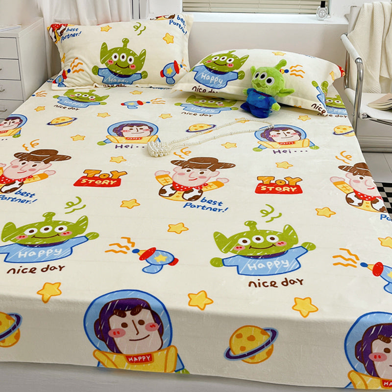 Modern Bed Sheet Set Cartoon Print Flannel Fitted Sheet for Bedroom