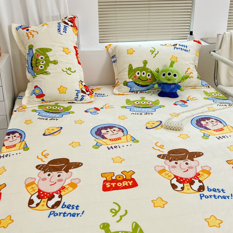 Modern Bed Sheet Set Cartoon Print Flannel Fitted Sheet for Bedroom