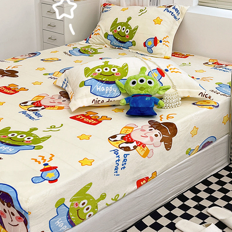 Modern Bed Sheet Set Cartoon Print Flannel Fitted Sheet for Bedroom