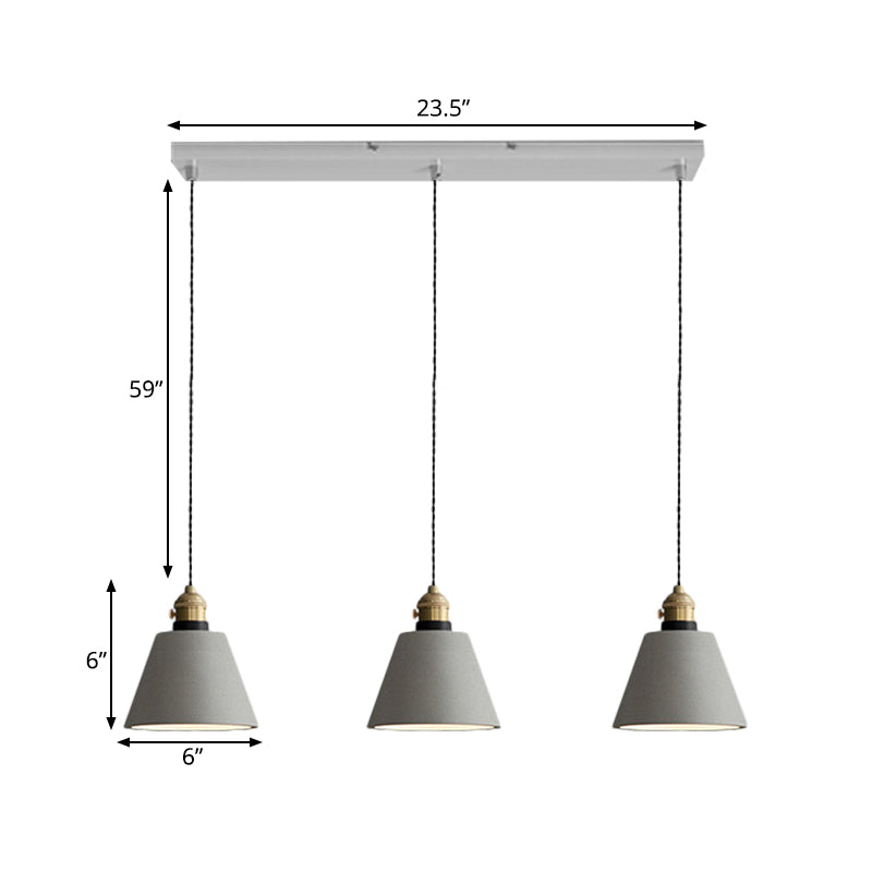3-Light Multi Pendant Light Vintage Restaurant Hanging Lamp Kit with Bell/Cone/Drum Cement Shade in Grey, 3"/5"/6" Height