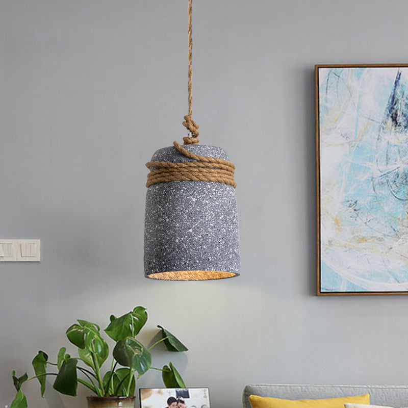 Cement Bell Pendant Lighting Antiqued 1 Bulb Restaurant Ceiling Lamp in Black/Grey/White with Rope Rod