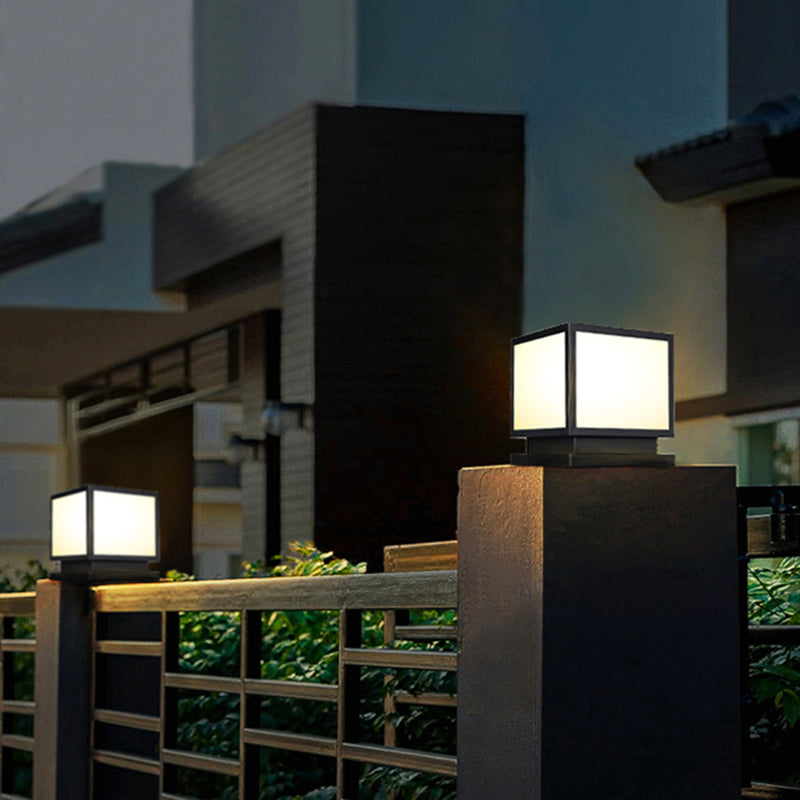 Square Shape Metal Outdoor Lamp Modern Style 1 Light Solar Pillar Lights in Black