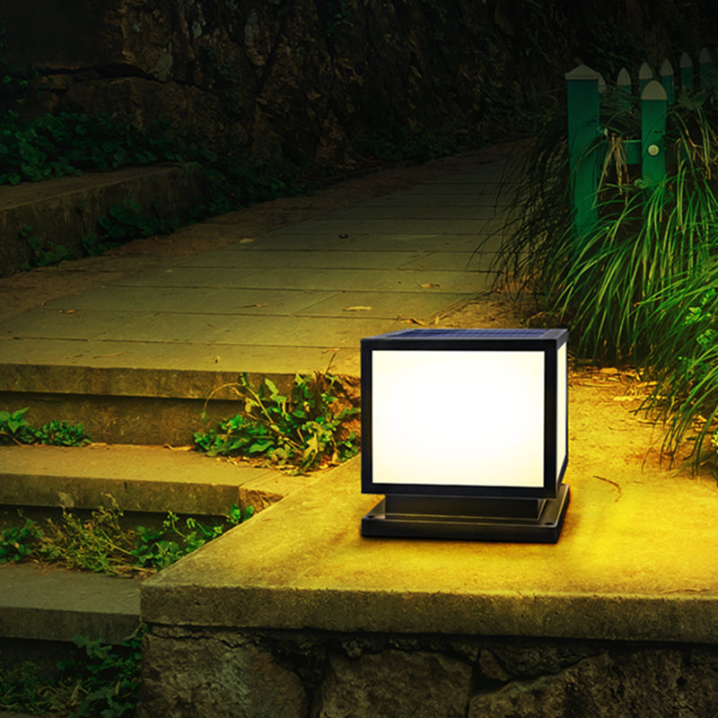 Square Shape Metal Outdoor Lamp Modern Style 1 Light Solar Pillar Lights in Black