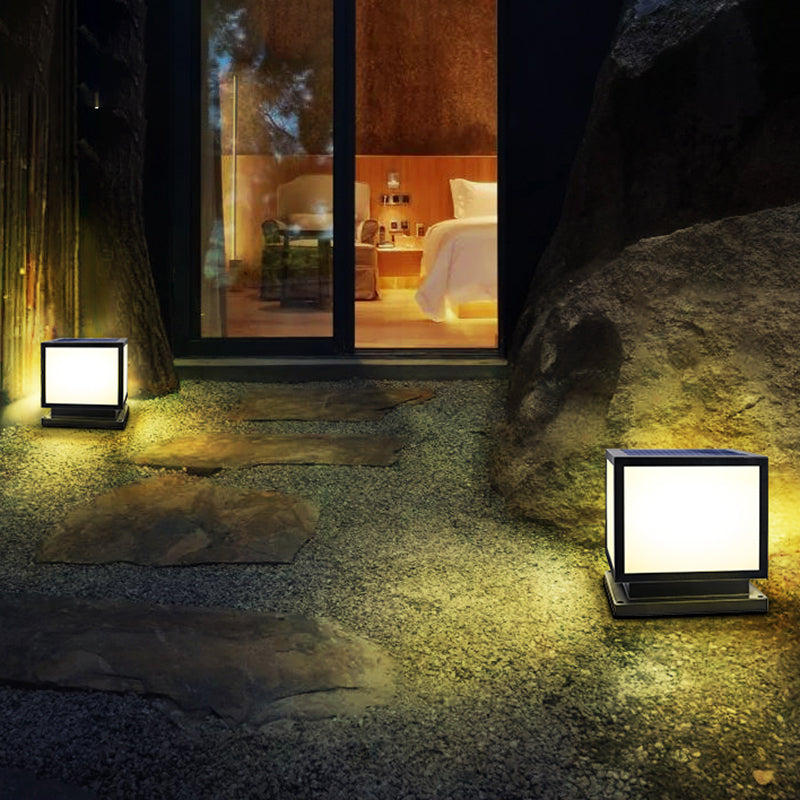 Square Shape Metal Outdoor Lamp Modern Style 1 Light Solar Pillar Lights in Black