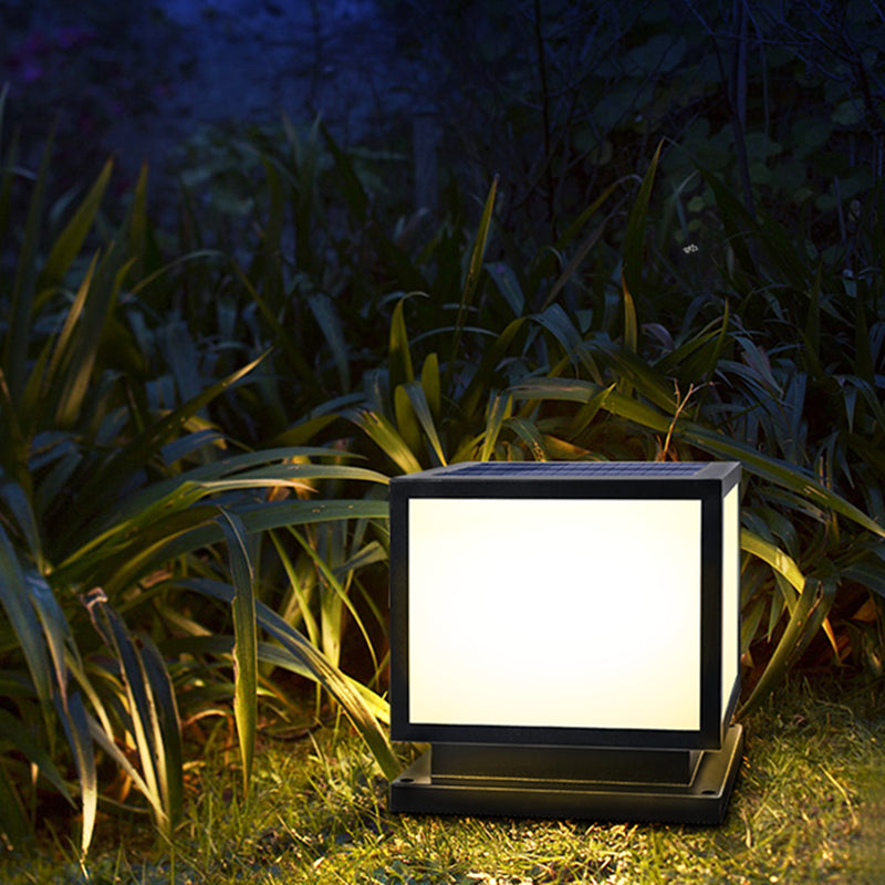 Square Shape Metal Outdoor Lamp Modern Style 1 Light Solar Pillar Lights in Black