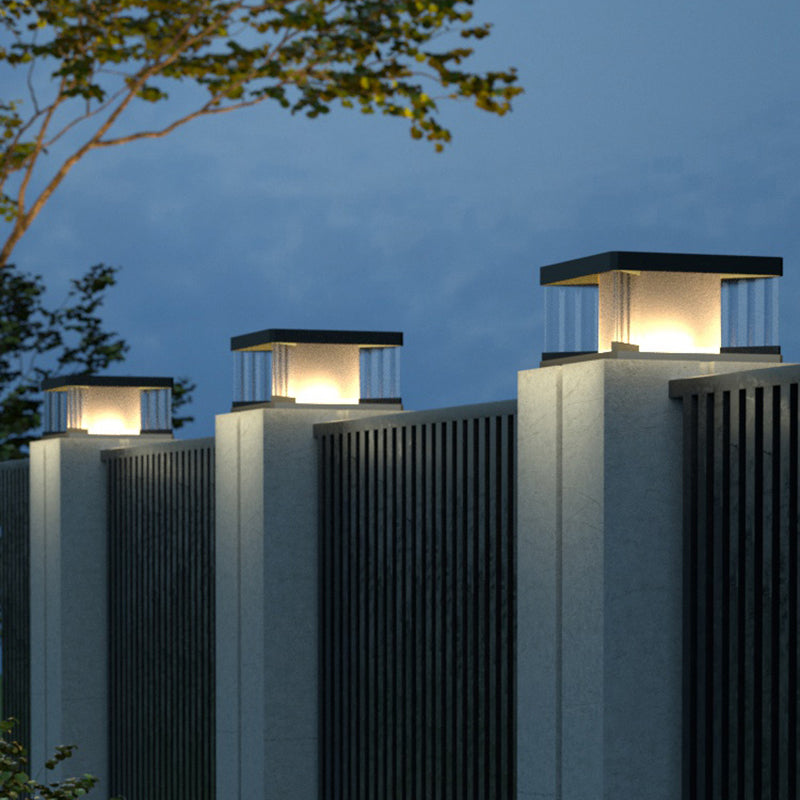 Square Shape Metal Outdoor Lamp Modern Style 1 Light Solar Pillar Light in Black