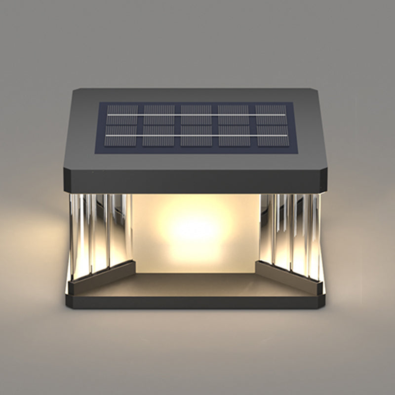 Square Shape Metal Outdoor Lamp Modern Style 1 Light Solar Pillar Light in Black