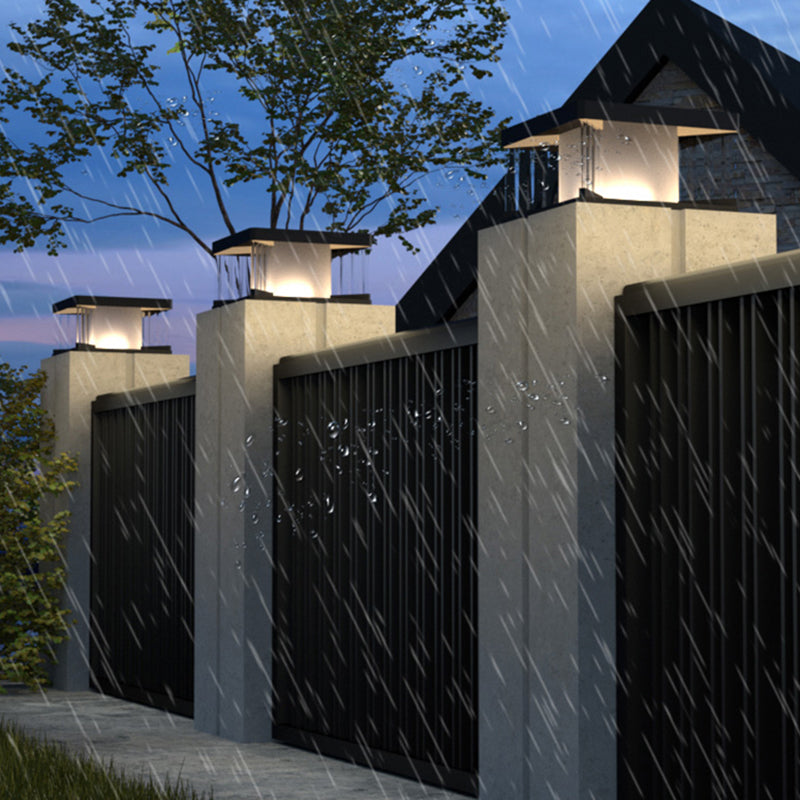 Square Shape Metal Outdoor Lamp Modern Style 1 Light Solar Pillar Light in Black