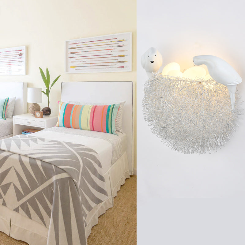 Luce di pannelli nido per uccelli animali con piccione e lampada da parete in alluminio uova in bianco per la camera da letto dei bambini