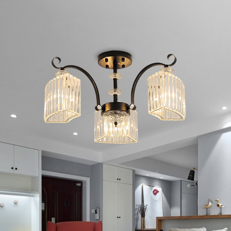 Black 3/9 Bulbs Semi Flush Mount Modern Crystal Block Arc Frame Close to Ceiling Light