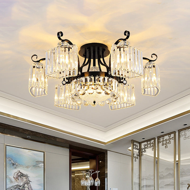 Black 3/9 Bulbs Semi Flush Mount Modern Crystal Block Arc Frame Close to Ceiling Light