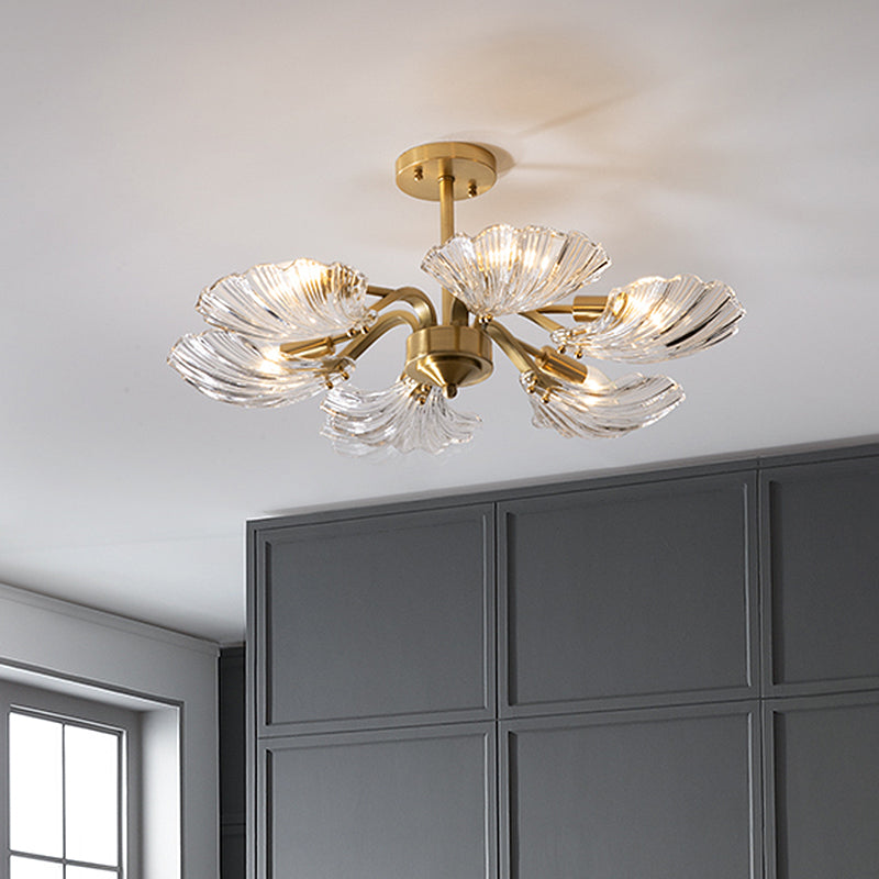Shell Shaped Clear Glass Semi Flush Light Modern 6-Bulb Bedroom Ceiling Mounted Fixture in Brass