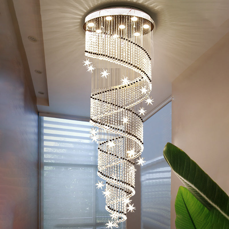 Contemporary Spiral Multi Ceiling Light 4 Heads Clear Crystal Bead Suspension Lamp for Stair