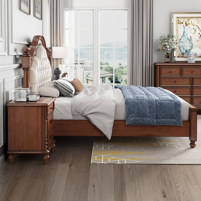 Mid-Century Modern Standard Bed Solid Wood Panel Bed with Upholstered Headboard