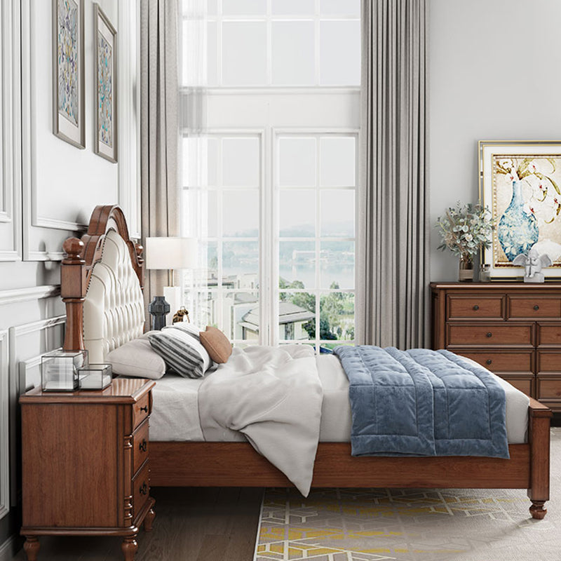 Mid-Century Modern Standard Bed Solid Wood Panel Bed with Upholstered Headboard