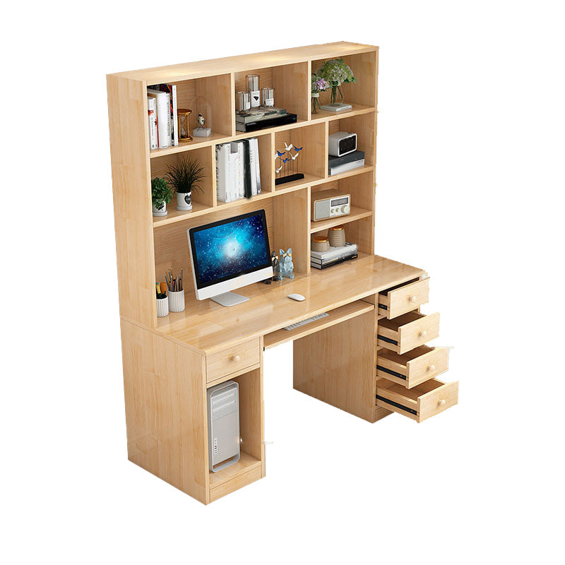 Computer Desk in Naturqal Solid Wood with 5 Drawers and Storage Shelves