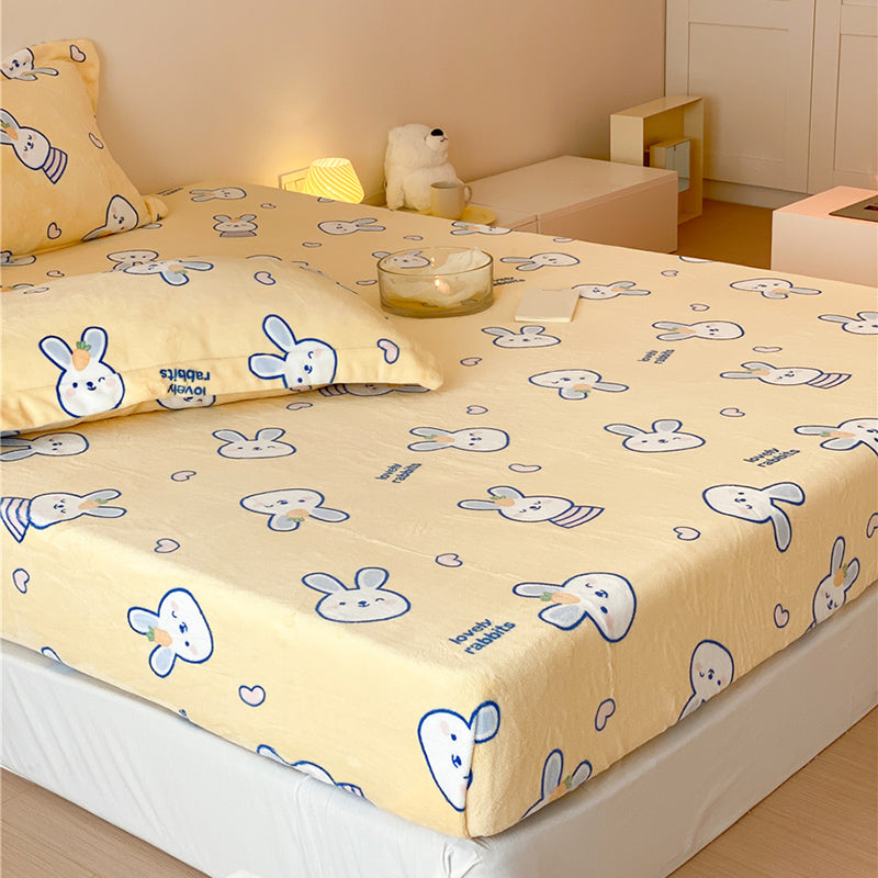 Sheet Sets Flannel Cartoon Printed Wrinkle Resistant Super Soft Breathable Bed Sheet Set