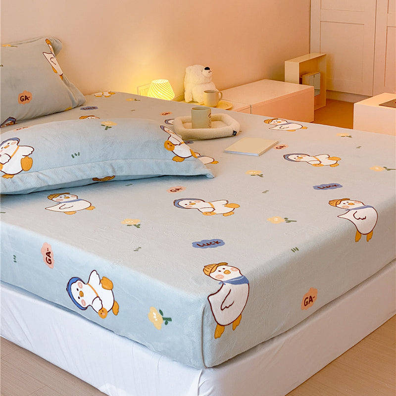 Sheet Sets Flannel Cartoon Printed Wrinkle Resistant Super Soft Breathable Bed Sheet Set