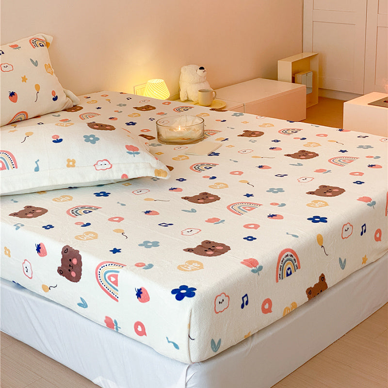 Sheet Sets Flannel Cartoon Printed Wrinkle Resistant Super Soft Breathable Bed Sheet Set