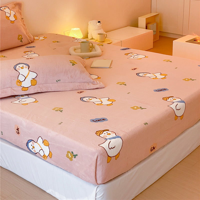Sheet Sets Flannel Cartoon Printed Wrinkle Resistant Super Soft Breathable Bed Sheet Set