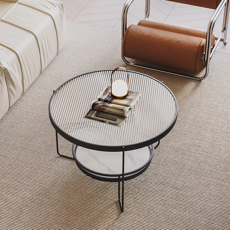 Minimalism Glass Top Coffee Table Round Metal Frame Cocktail Table