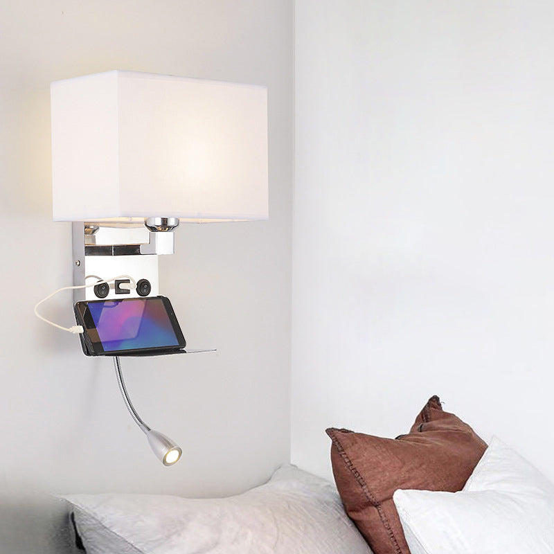 Modern Adjustable Metal Wall Sconce Rectangle Shape Wall Light with Fabric Shade for Study