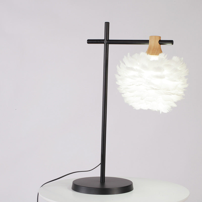 Black-White Cross Night Light Modern 1 Head Iron Table Lamp with Feather Lampshade